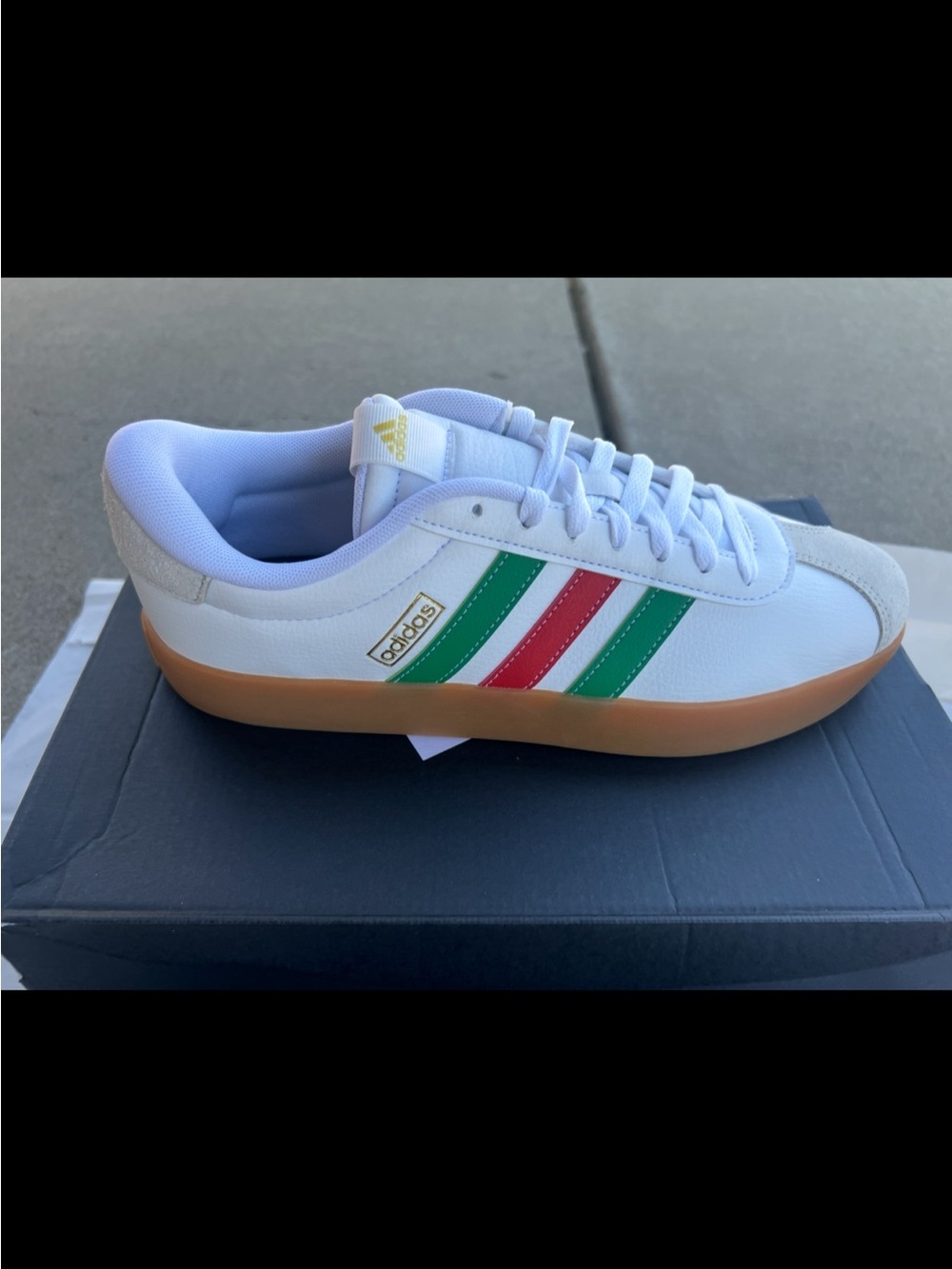 adidas White Sneakers with Green & Red Stripes and Gum Outsole